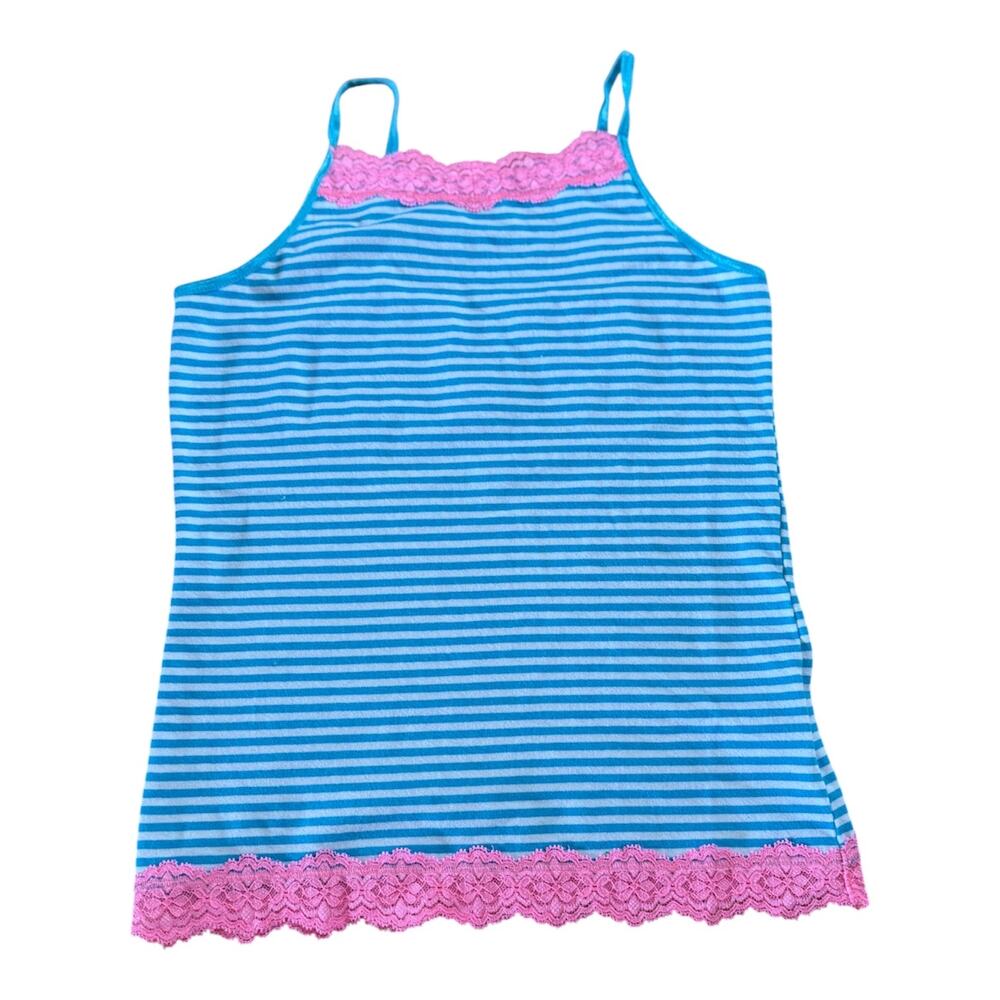 Girls 7-8 Faded Glory Turquoise Blue White Stripe Pink Lace Trim Tank Top Shirt